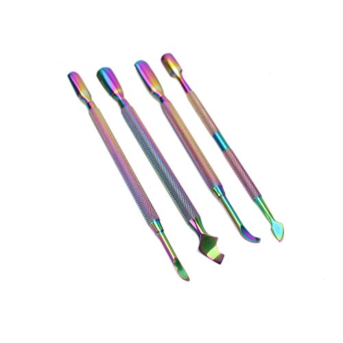 Buorsa 4pcs Rainbow Cuticle Pusher Stainless Steel Cuticle Remover and Cutter Manicure Nail Art Tool Set Professional Cuticle Nippers for Nail