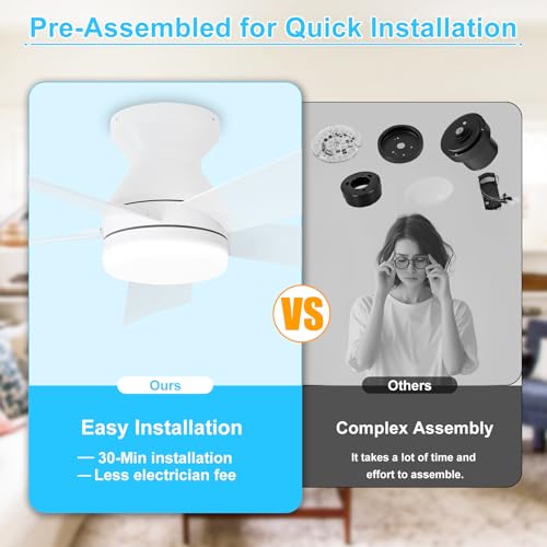 Depuley Modern Ceiling Fan with Light: Small 42 inch White Fan - Dimmable Ceiling Fan with Remote Control 5 Reversible White Blades 6 Speeds Timer