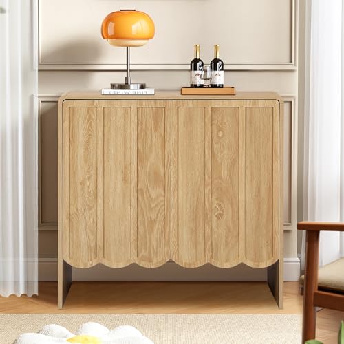 ORRD Accent Sideboard Buffet Cabinet, Storage Cabinet with 2 Doors, Farmhouse Wood Cabinet with Adjustable Shelves and Wave Panel for Living Room, Dining Room, Entry - Natural