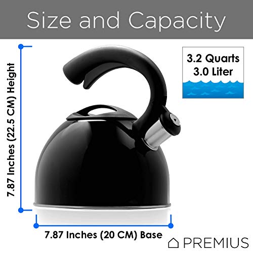 STAINLESS STEEL WHISTLING TEA KETTLE By Premius, Durable Construction And Elegant Design, Cool Touch Grip Handle And Lid, Pleasant Sounding Whistle, Stovetop Teakettle, 3.2 Quarts (Black)