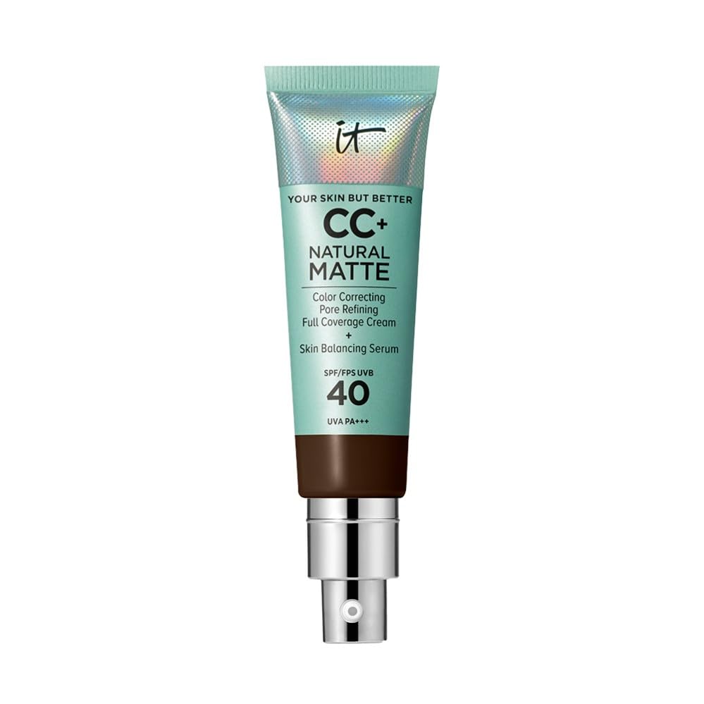 IT Cosmetics Full Coverage Foundation, Natural Matte, Made with Hyaluronic Acid, SPF 40 Protection, Your Skin But Better CC+, Shade: Deep Cool, 32ml