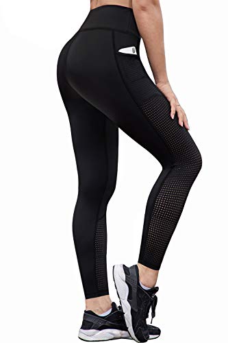 RAYPOSE Yoga Workout Pants Women Running Sport Leggings w Pockets High Waisted Mesh Tummy Control Fitness Gym Exercise Athletic Full Length Black-XL