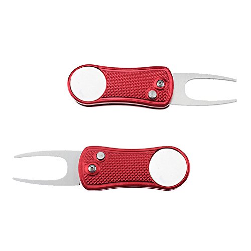2 Pack Golf Divot Repair Tool - Stainless Steel Switchblade With Detachable Ball Marker (Red) - Thumbnail 2