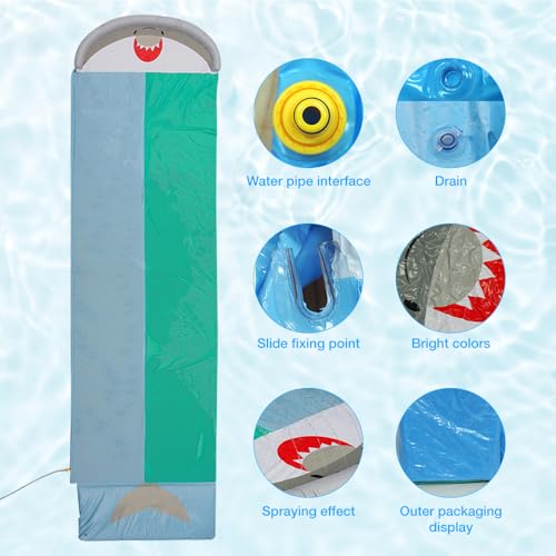 Water Slides for Garden Inflatable,WDKXCN 550 * 145cm Slip and Slide Water Slide for Kids, Inflatable Lawn Water Slide with 2 Bodyboards, Double Waterslide for Outdoor,Built-in Sprinkler,Shark Style