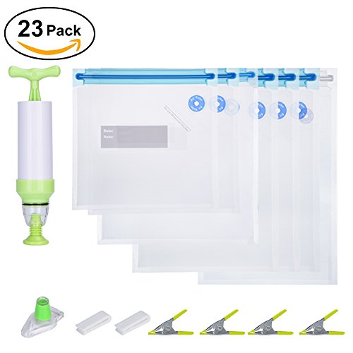 Sous Vide Bags Kit, 23 Reusable BPA Free Vacuum Sealer Bags (8 Sizes), 1 Hand Pump, 1 Vacuum Stopper, 2 Bag Sealing Clips and 4 Sous Vide Clips, Fit for Joule Anova Sous Vide Cooker & Food Storage