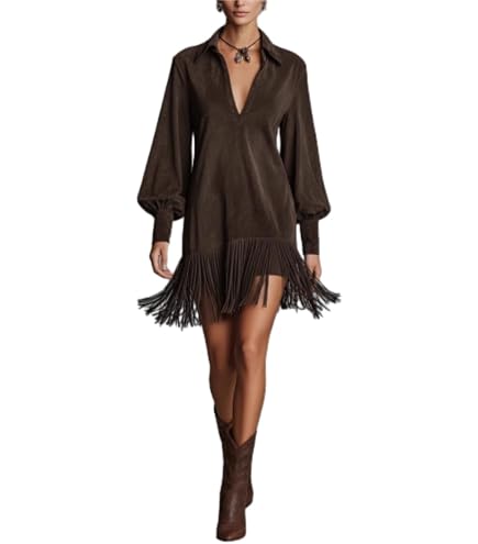 fringe dress western long sleeve Women's Faux Suede Size:UK 16 | EU 42 | US 12 A-Line V Neck Chiffon back and sleeves deep blue maxi dress