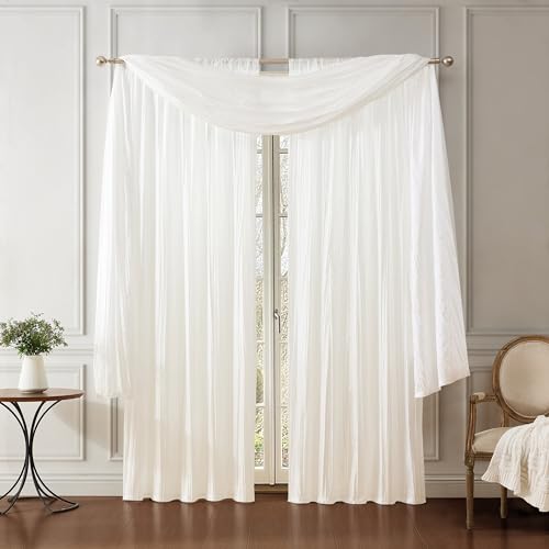 Threadmade Elrene Home Fashions Athena Faux Crushed-Silk Window Curtain Panel and Valance Set, 52x108 (2 Panels) & 1 Valance, White