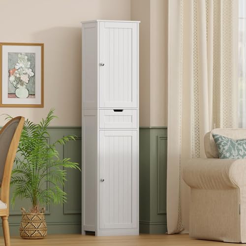 FIONESO 67" Tall Bathroom Cabinet, Storage Cabinet with Drawer & 2 Adjustable Shelves, Bathroom Storage Cabinet with 2 Doors, Floor Cabinet for Living Room, Bathroom, Home Office, Entryway, White