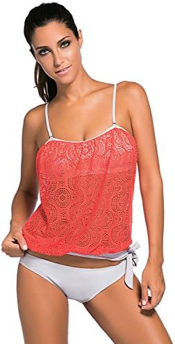 Lady Swain Women Sexy Lace Print 2pcs Bandeau Tankini Swimsuit (M, Orange)