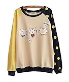 Woman Teen Girl's Harajuku Cute Cat Print Contrast Color Scoop Neck Sweatshirt