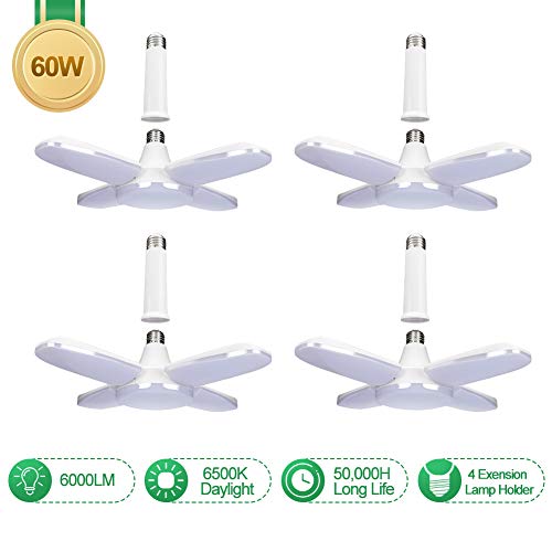 LED Garage Lights, Escolite 4 Pack 6000Lumens Garage Celling Light, 60W E26 LED Garage Light with 4 Foldable Panels, 6500K Daylight Deformable LED Garage Lighting for Garage, Workshop, Warehouse