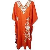 Mogul Interior Women Orange Caftan Dress Embellished Kimono Beachwear Short Kaftan One Size