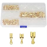 RLECS 150pcs 2.8mm 4.8mm 6.3mm Female Spade Connector Brass Crimp Terminal Connector with Insulating Sleeves Assorted Kit Cold-Pressed Terminal Gold
