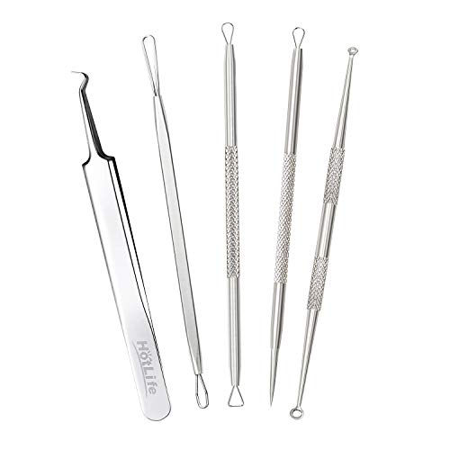 HotLife Professional Blackhead Remover Pimple Comedone Extractor Tools Set of 5, Best Splinter Acne Removal Kit and Skin Tools for Skin Blemishes, Whitehead, Pimples, Cysts and Zit Popper