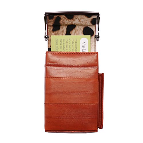 Automatic Rising Genuine Eel Skin Leather Sliding Cigarette Case with Lighter Holder (Tan)
