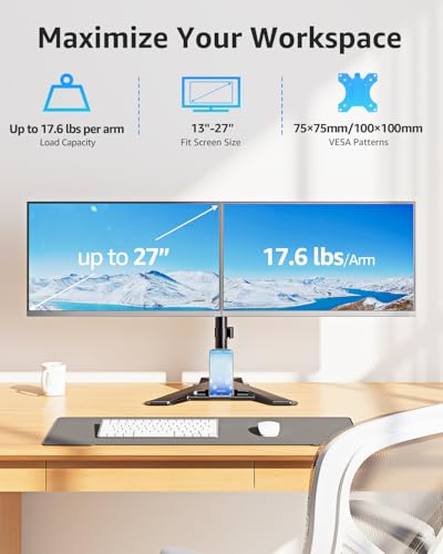 MOUNTUP Dual Monitor Stand - Freestanding & Height Adjustable Monitor Desk Mount, Steady VESA Mount Computer Stand for 2 Screens up to 27 inches, MU1002