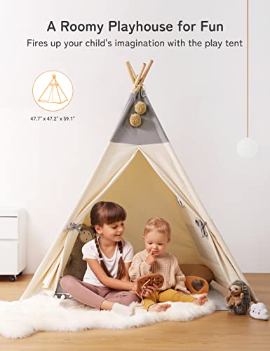 besrey Children's Play Tent Indian Canvas Teepee Cotton with Fairy Lights + Matt Grey