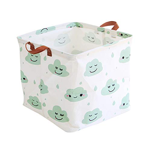 Square Storage Bins Canvas Collapsible Storage Basket with Handles Toy Organizer for Nursery, Kid's Toys, Closet & Laundry, Gift Basket (Green Cloud)