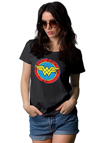 Decrum Wonder Woman Short Sleeve Distressed Logo Tee Shirt (XXL, Black - Womens Distressed Logo)