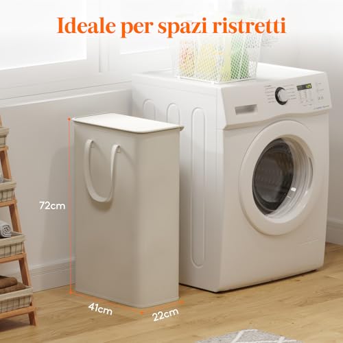 Cesta Portabiancheria Salvaspazio con Coperchio, Cesto Biancheria Sporca Sottile con Manici, Portabiancheria Sporca Pieghevole per Camera da Letto, Bagno, Lavanderia, 65 L, Bianco