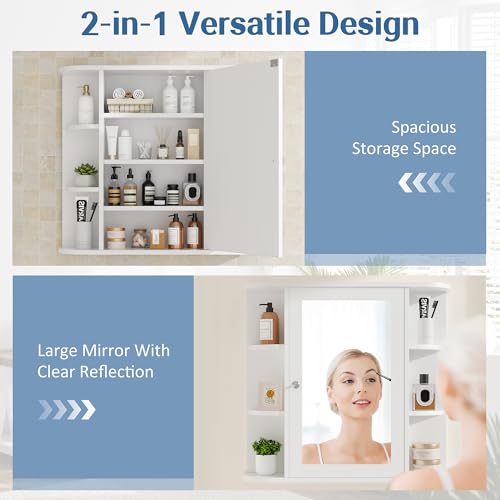 Shintenchi Bathroom Wall Cabinet with Mirror, Mounted Medicine Cabinets with 4 Internal and 6 Open Shelves, Mirrored Door Over the Toilet Storage, White