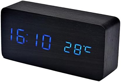 Wooden Digital Alarm Clock, Swizze LED Electronic Desktop Acoustic Control Clock WithTime Temperature and Voice Control (Black)