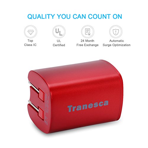 Tranesca Compatible 2.4 Amp Dual USB Port Wall Charger Cube with Foldable Plug for iPhone X/8/7/6S/6S Plus/6 Plus/6, Samsung Galaxy S7/S6/S5 Edge, LG, HTC, Moto, Kindle and More-Red