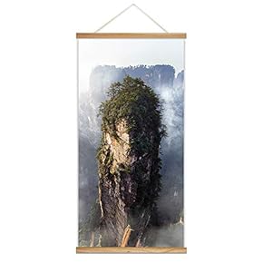 Hanging Poster with Wood Frames - Mountain Summit in The Fog - Ready to Hang Decorative Wall Art - 18"x36"
