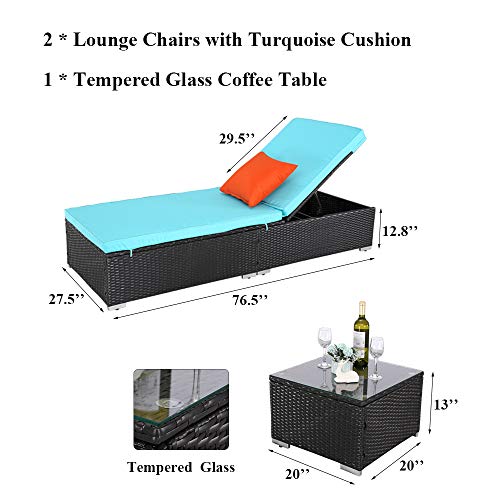 Do4U 3 Pieces Outdoor Patio Chaise Lounge Sets Adjustable Backrest Rattan Wicker Furniture Pool Porch Lounge Chair Set with Coffee Table (Turquoise Cushion) - Thumbnail 2