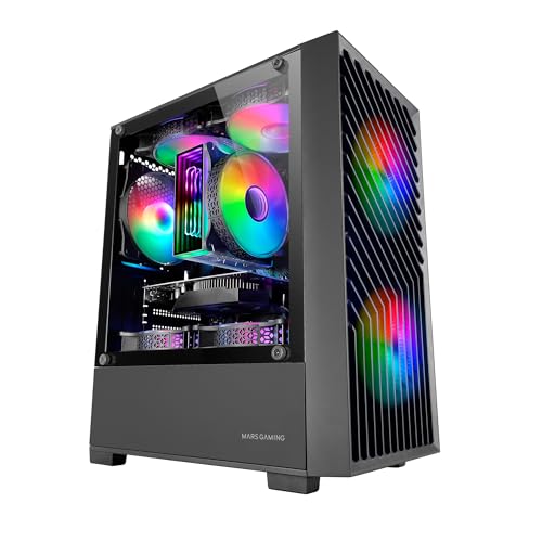 Mars Gaming MC-VORTEX, MicroATX Gaming Case, Geometric Mesh Front, Tempered Glass Side Panel, 3x 120mm FRGB Rainbow Fans, Compact Dual-Chamber Design PC Mini Tower, Black