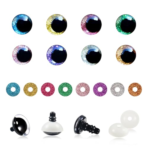 TOAOB 32pcs 12mm Plastic Glitter Safety Eyes Multicolor Large Oval Craft Crochet Doll Eyes with Washers for Stuffed Animals Amigurumis Crocheting Dolls Crafts Making