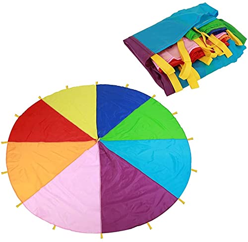 Dimoxii 6.5 FT/13.1 FT Rainbow Parachute with 8 Handles/20 Handles, Gymnastics Play Circus Games for Kids, School Playground Outdoor Activities, Indoor Sports Equipment (4 M/13.1 FT)