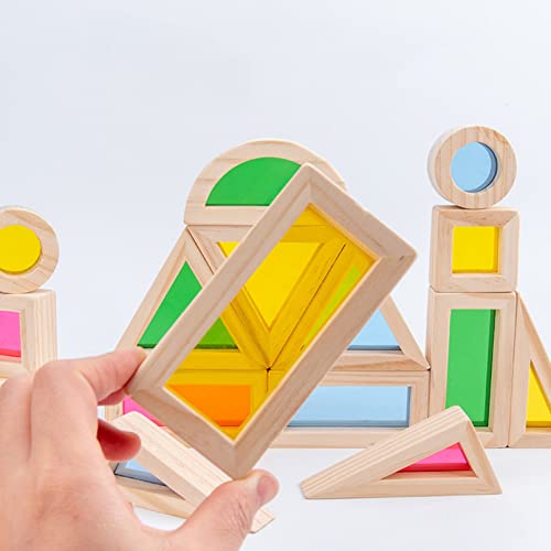 AM ANNA Rainbow Wooden Building Blocks for Toddlers 1-3, 24 Pcs Rainbow Stacker Stacking Game Construction Building Toys Set, Preschool Colorful Learning Educational Toys Boys & Girls