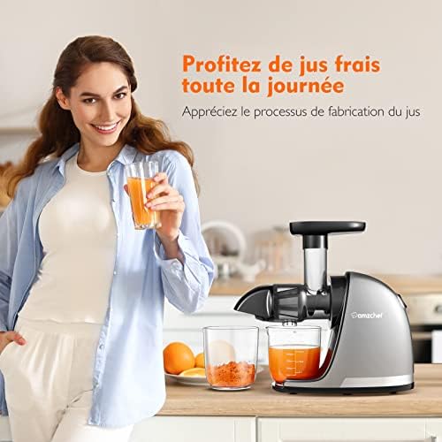 Extracteur Jus - Extracteur de Jus de Fruits et Légumes - Presses-agrumes à Froid sans BPA avec 2 Tasses et Brosse - Fonction de Mastication Inversée pour Éviter les Blocages - Argent