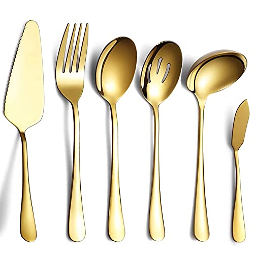 Dciustfhe 6-Piece Flatware Set, Silverware Set, Cake Server, Slotted Serving Spoon, Gold