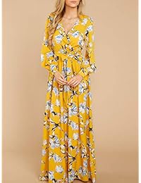 Ybenlow - Vestido largo de gasa con cuello en V profundo para mujer, estilo bohemio floral, con cinturón