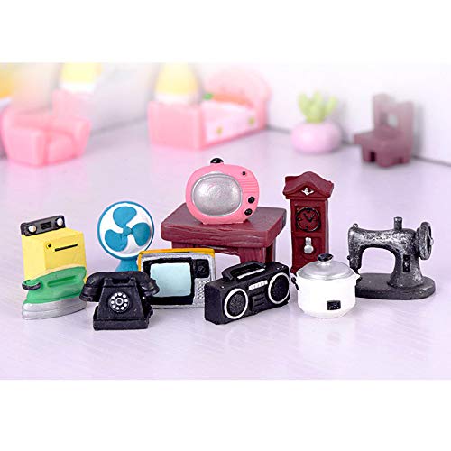 EMiEN 10PCS Old Fashioned Retro Mini Dollhouse Miniature Home Appliances Models Kit, Sewing Machine,Television,Radio,Telephone,Wall Clock,Rice Cooker,Iron,Washing Machine,Fan for Dollhouse Decoration - Thumbnail 2