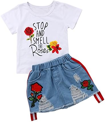 Toddler Baby Kids Girl Summer Clothes Short Sleeve T-Shirt Tops + Mini Button Skirt Set Denim Outfits
