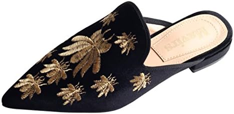 Mavirs Loafers for Women, Womens Loafers Velvet Backless Slip On Loafers Embroidery Mule Slippers
