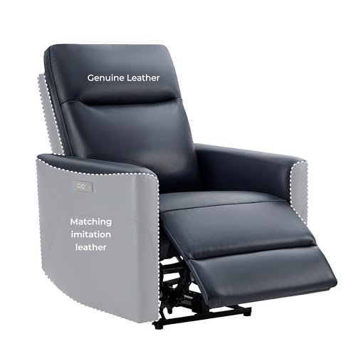CHITA Genuine Leather Power Recliner Chair for Adults, Electric Wall Hugger Recliner for Small Spaces, Modern Living Room and RV Recliner Chair with Power Headrest & Charging Ports, Dark Blue