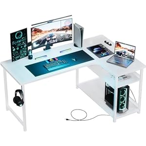 GTPLAYER ゲーミングデスク パソコンデスク L字 カーボン調 コンセント付き ラック付き モニターアーム対応