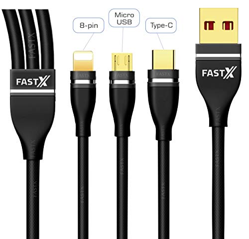 FASTX™ 3 in 1 Cable Nylon Braided with Fast Charging Multi Charge Option at Same time for Micro USB, iPhone & Type C Dev