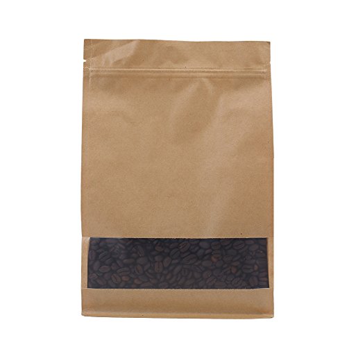 100PCS Brown Kraft Stand-Up Side Gusset Zip Top Lock Bags w/Window 20x30+8cm (7.9x11.8+3.1")