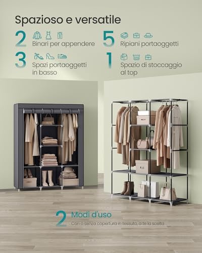 Armadio di Tessuto, Guardaroba Portatile, Organizzatore Porta Abiti con Copertura in Tessuto Non Tessuto, Appendiabiti, Ripiani, 45 x 130 x 168 cm, Alto Portante, Grigio Tortora RYG096G01