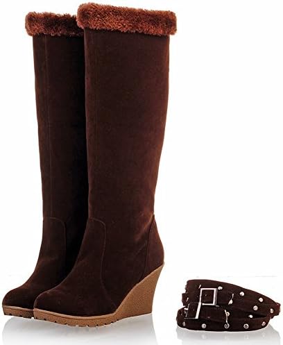 Ifantasy Winter Warm Snow Boots for Women Suede High Heel Wedges Buckle Mid Calf Boots