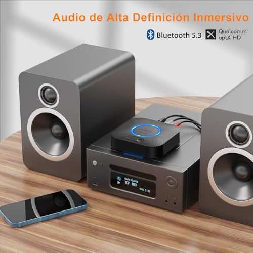 1Mii B06 Plus Receptor Bluetooth Audio, Adaptador de Inalámbrico Bluetooth 5.3, AUX de 3.5mm Jack y 2 RCA para Estéreo y Amplificador, 30m Largo Alcance, aptX HD, Sonido 3D Surround