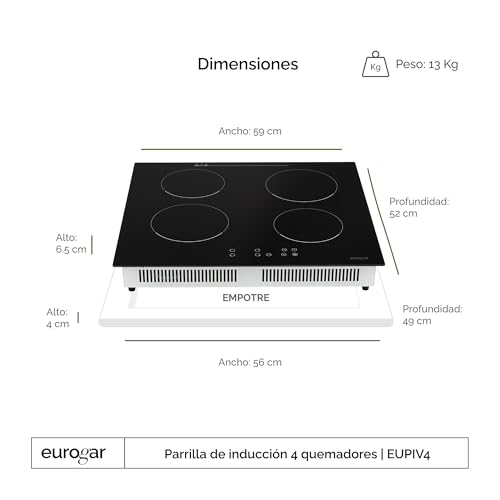 EUROGAR Parrilla eléctrica de inducción 4 zonas de calentamiento 220V, Potencia 7000W, Panel táctil con 9 y 8 niveles de temperatura, Temporizador, Bloqueo para niños, Luz LED | EUPIV4