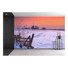 Typical Dutch Polder Landscape with a Traditional Windmill. Photographed in Winter at Sunrise - Removable Wall Mural | Self-Adhesive Large Wallpaper - 66x96 inches