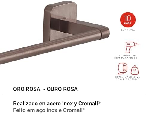 Tonga Toallero Barra Baño Pared 60cm Acero INOX y Cromall Oro Rosa PVD, Portatollas con Tornillos y Biadhesivo Carga 7kg