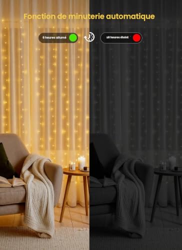 GCMacau 3 x 3 m 300 LED Christmas Light Curtain, String Lights 8 Modes Dimmable with Remote Control, Indoor Light Curtain, Garden, Christmas, Valentine's Day, Wedding, Christmas
